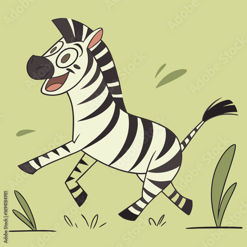 Joyful cartoon zebra galloping through grassy savanna with happy expression, perfect for kids content