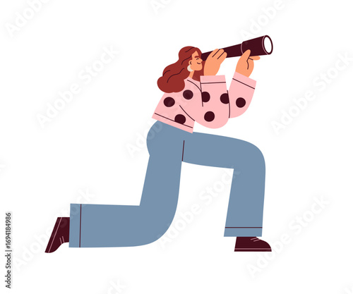 Woman looking through spyglass. Female with telescope in hand, searching, finding. Curious person watching forward, exploring future perspective. Flat vector illustration isolated on white background