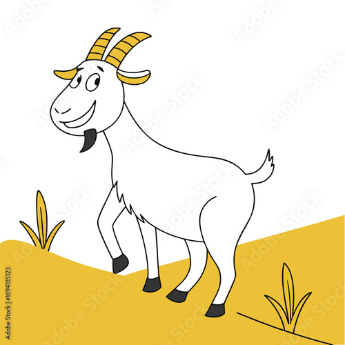 Joyful cartoon goat prancing happily through a sunny meadow on a beautiful day
