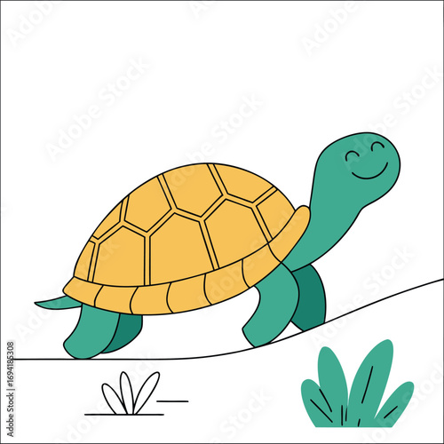 Adorable cartoon turtle smiling and walking happily through green grass