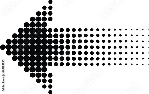 Arrow pointing left composed of halftone pattern of black dots