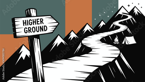 A sign pointing to higher ground with a mountain path leading to a campsite under a starry sky scene