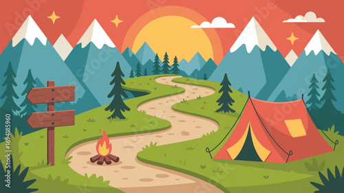 A cartoon illustration of a campsite with a tent fire and mountains under a bright sunset sky view scene
