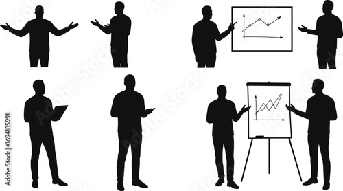 Businessman silhouette presentation, discussing charts, explaining graphs, holding tablet, confident communication, office meeting, teamwork, professional, business analysis, corporate 