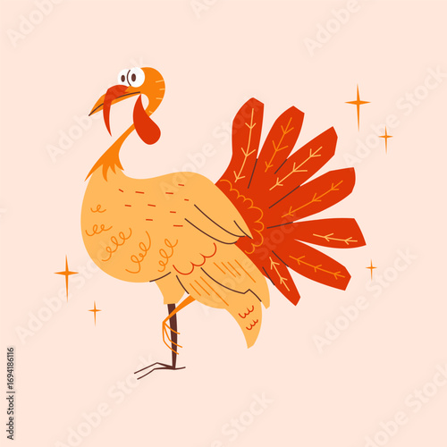 Vector illustration of a cartoon turkey with bright feathers, standing on a light background. Perfect for Thanksgiving design, holiday greeting cards, posters and festive decoration