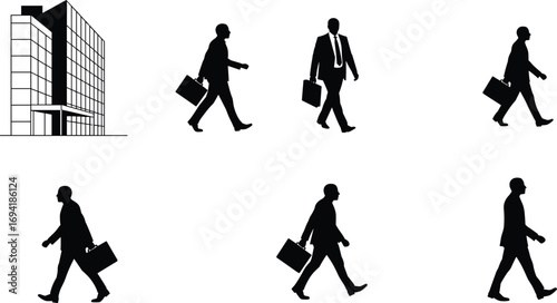 Businessman walking with briefcase near office building silhouette, professional corporate person, business travel, executive lifestyle, career, success, urban environment, formal attire.