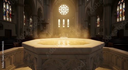 Catholic baptismal font with holy water