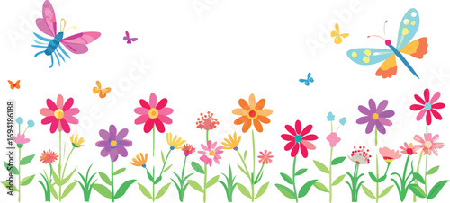 Beautiful vector illustration of spring flowers and butterflies, a vibrant floral design with daisies and pink blossoms