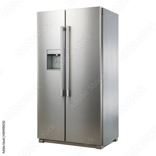 Side by side stainless steel refrigerator with ice and water dispenser, isolated on transparent background