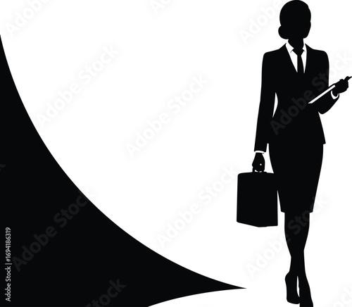 Businesswoman walking confidently with briefcase and clipboard, declining graph chart background, corporate success, leadership, professionalism, business growth, finance
