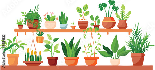 Gardening tools, potted spring flowers, and herbs isolated on a white background show the beauty of nature's growth