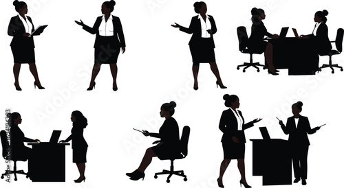 Businesswoman working, professional woman in office, corporate attire, presentation, meeting, teamwork, discussion, office desk, technology, laptop, collaboration, confident female leader.