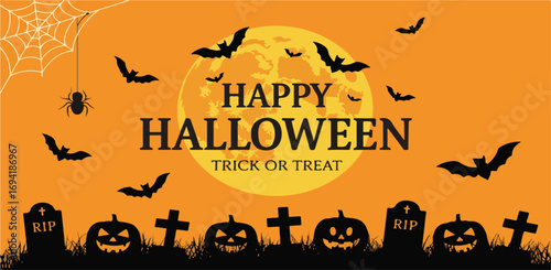 Halloween scene with bats pumpkins and gravestones on orange sky