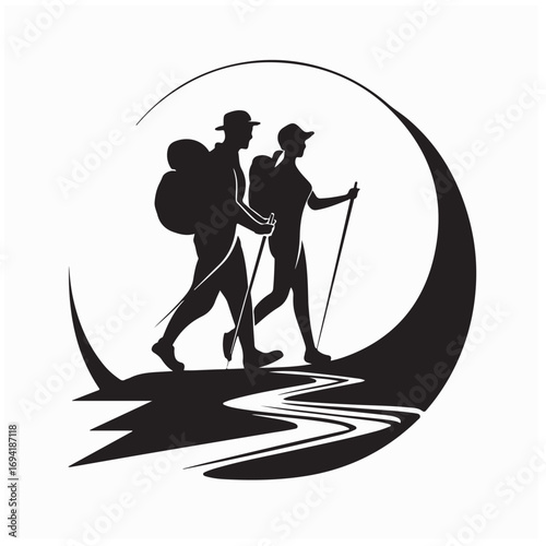 Outdoor Adventure Hiking Silhouette Logo Vector Art on white background