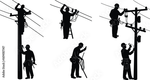Electrician working on power lines, utility pole maintenance, electrical repair, safety gear, professional technician, ladder, wiring, outdoor work, utility worker, electrical infrastructure.
