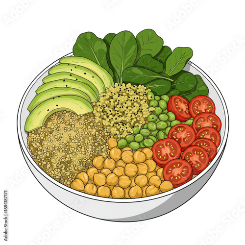 Healthy colorful vegan bowl with avocado quinoa chickpeas tomatoes spinach