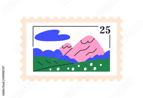 Mountain landscape on post mark, philately postage stamp design. Nature with ...