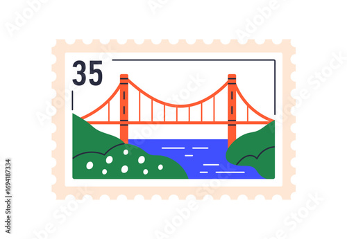 Golden Gate Bridge postage, post stamp design. American landmark, attraction from San Francisco, travel postal mark, philately mail sticker. Flat vector illustration isolated on white background