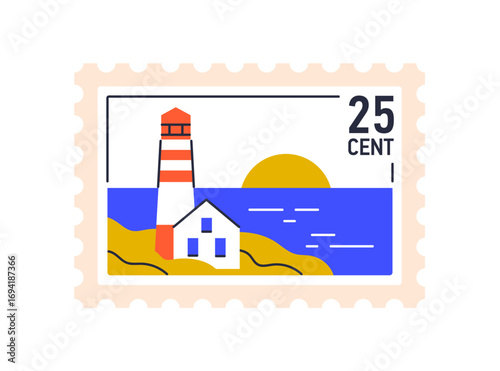 Post stamp with lighthouse by sea. Beacon tower at sunset, marine nautical la...