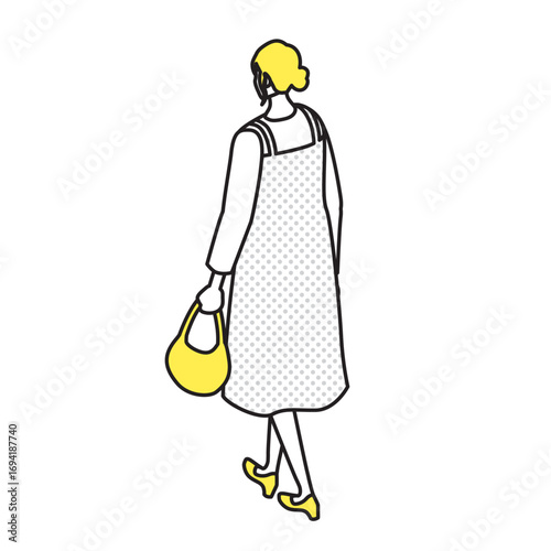 後ろ姿の女性イラスト（ワンピースとバッグ）
