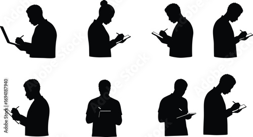 People writing on tablet, digital note taking, silhouette concept, technology users drawing or sketching, touchscreen pen interaction, isolated on white.