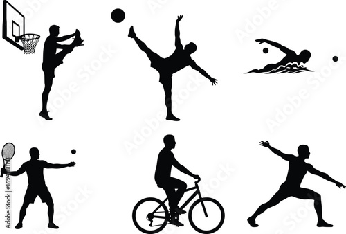 Silhouette collection of various sports activities including basketball, soccer, swimming, tennis, cycling, and yoga, dynamic athletic movements, fitness and outdoor exercise.
