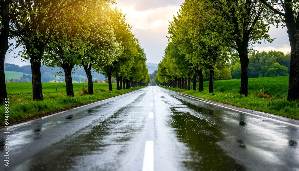 Fototapeta premium A wet road stretches into a verdant, tree-lined countryside under a dramatic sky