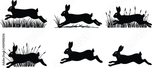 Silhouette of jumping rabbits in grass, wildlife animals, nature scene, black and white illustration, fast moving hares, outdoor wildlife, animal movement, freedom, rural life.