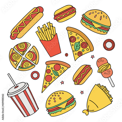 A vibrant vector illustration set of fast food icons, including pizza, sandwiches, and hot dogs, for a fun cartoon meal