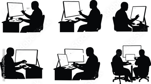 Silhouette of people working on computers, digital drawing, office teamwork, collaboration, technology, creative workspace, professional environment, remote work, business meeting.