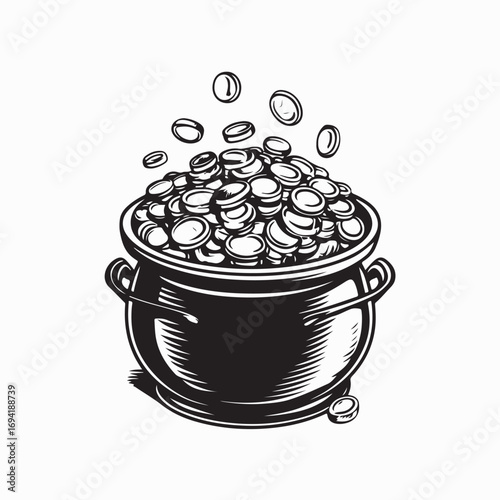 Cartoon illustration of a pot overflowing with gold coins image vector on white background