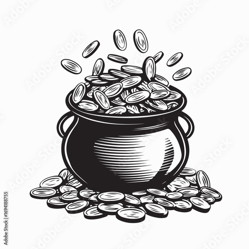 Cartoon illustration of a pot overflowing with gold coins image vector on white background