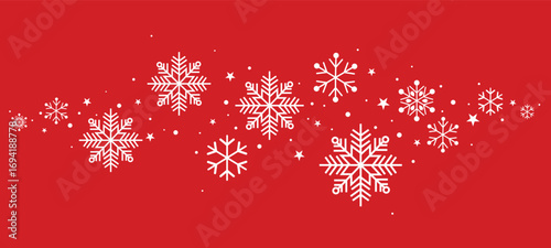 Festive red background with white snowflakes and centered text "Happy Christmas" and "Happy New Year" in cursive font. Symmetrical, simple, cheerful holiday greeting design.