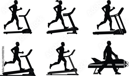 Silhouettes of man and woman running on treadmill, fitness exercise, indoor cardio workout, healthy lifestyle, gym training, sports, health, wellness.