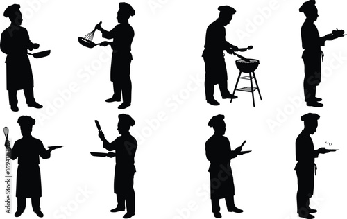 Silhouettes of professional chefs cooking, grilling, serving food, holding utensils, kitchen work, culinary skills, chef hat, apron, restaurant staff, food preparation.