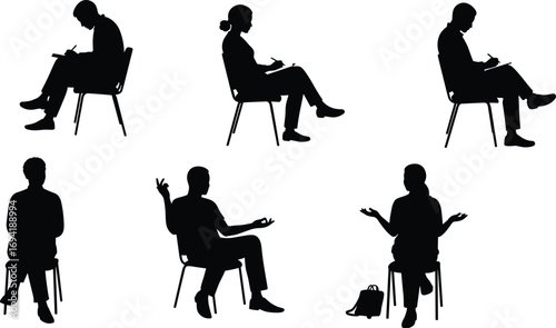 Silhouettes of people sitting on chairs writing, thinking, meditating, reflecting, taking notes, creative thinking, concentration, learning, communication, calm, education, mindfulness,