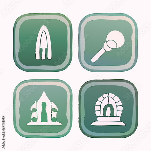 Set of stylized green and white cultural icons depicting ancient elements. Features traditional vessels, ceremonial objects, and historical architectural structures