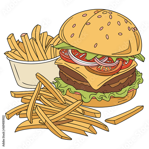 Isolated hamburger with cheese and fresh lettuce on a sesame seed bun, served with fries, a classic fast food meal illustration