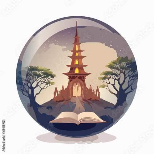 Magical Crystal Ball Revealing a Mystical Temple and Open Book, Symbolizing Knowledge and Fantasy Adventures