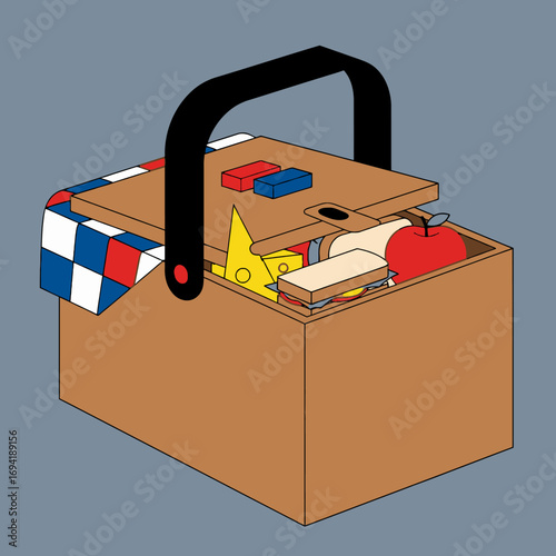 A charming wooden picnic basket, packed with a fresh sandwich, crisp apple, and savory cheese, ready for an idyllic outdoor meal. Symbolizes leisure and simple, enjoyable moments