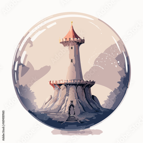 Fairytale castle encased in a transparent bubble, a whimsical illustration of a fantasy tower on a rocky outcrop under a soft, cloudy sky