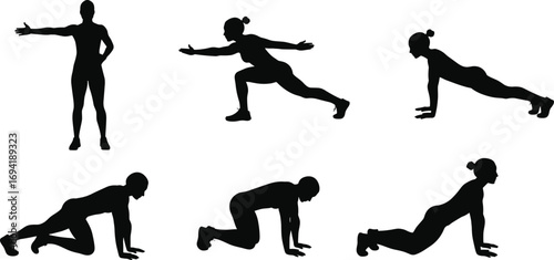 Woman fitness silhouettes, stretching, exercising, yoga poses, workout routine, healthy lifestyle, bodyweight training, fitness coach, athletic stretching exercises, female workout concepts.