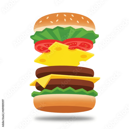 Appetizing vector illustration of a deconstructed double cheeseburger with fresh ingredients like beef patties, cheese, lettuce, and tomato layered separately