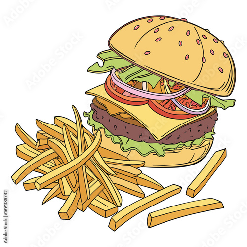 A classic cheeseburger meal with a side of crispy french fries and a tasty beef patty on a sesame seed bun, isolated on white