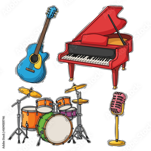 A vibrant cartoon illustration set of musical instruments featuring a guitar, grand piano, drum kit, and vintage microphone for live music concepts