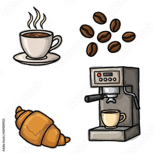 Delicious morning coffee and croissant set, featuring a steaming cup, roasted beans, and an espresso machine