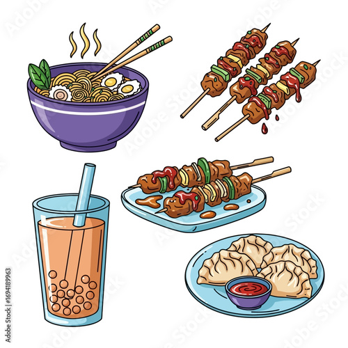 A colorful hand-drawn set of popular Asian street food, featuring ramen, skewers, dumplings, and pearl milk tea