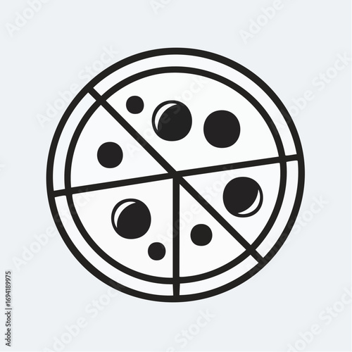 Minimalist line art icon of a whole pizza with round toppings, cut into four slices. A simple black and white vector graphic for restaurants, food delivery, and pizzeria branding