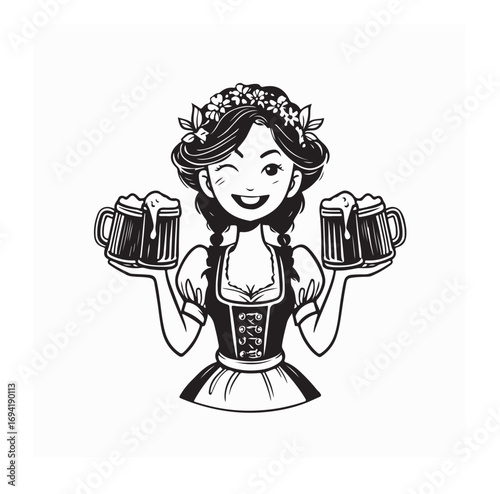 Cartoon Waitress in Traditional Outfit Holding Beer Vector Illustration on white background