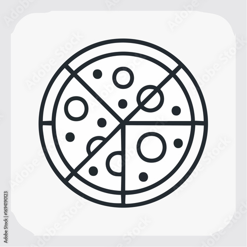 Simple outline icon of a whole sliced pizza with cheese and pepperoni. A minimalist black line vector illustration perfect for pizzeria branding, food apps, and web design